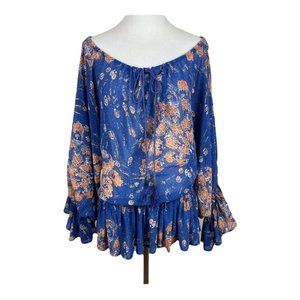 Moda International Top Medium Blue Floral Ruffle Sheer‎ Bell Sleeve Blouse M